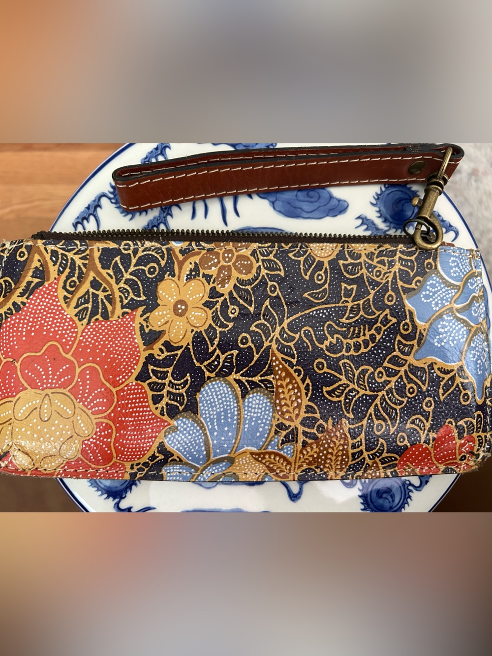 Patricia Nash Navy Floral Wristlet with Mustard & Brown Strap